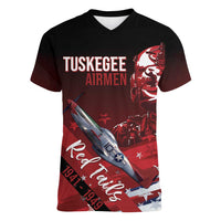 Tuskegee Airmen Red Tails Women V-Neck T-Shirt Straighten Up and Fly Right - Black Red - Wonder Print Shop