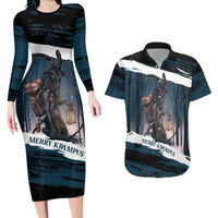 Merry Christmas Couples Matching Long Sleeve Bodycon Dress and Hawaiian Shirt Krampus in The Woods - Dark Teal LT7 - Wonder Print Shop