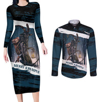 Merry Christmas Couples Matching Long Sleeve Bodycon Dress and Long Sleeve Button Shirt Krampus in The Woods - Dark Teal LT7 - Wonder Print Shop