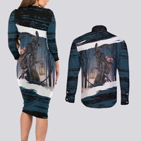 Merry Christmas Couples Matching Long Sleeve Bodycon Dress and Long Sleeve Button Shirt Krampus in The Woods - Dark Teal LT7 - Wonder Print Shop