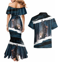 Merry Christmas Couples Matching Mermaid Dress and Hawaiian Shirt Krampus in The Woods - Dark Teal LT7 - Wonder Print Shop