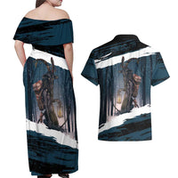 Merry Christmas Couples Matching Off Shoulder Maxi Dress and Hawaiian Shirt Krampus in The Woods - Dark Teal LT7 - Wonder Print Shop