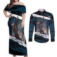 Merry Christmas Couples Matching Off Shoulder Maxi Dress and Long Sleeve Button Shirt Krampus in The Woods - Dark Teal LT7 - Wonder Print Shop