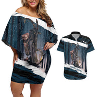 Merry Christmas Couples Matching Off Shoulder Short Dress and Hawaiian Shirt Krampus in The Woods - Dark Teal LT7 - Wonder Print Shop