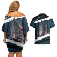 Merry Christmas Couples Matching Off Shoulder Short Dress and Hawaiian Shirt Krampus in The Woods - Dark Teal LT7 - Wonder Print Shop