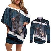 Merry Christmas Couples Matching Off Shoulder Short Dress and Long Sleeve Button Shirt Krampus in The Woods - Dark Teal LT7 - Wonder Print Shop
