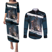 Merry Christmas Couples Matching Puletasi and Long Sleeve Button Shirt Krampus in The Woods - Dark Teal LT7 - Wonder Print Shop