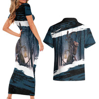 Merry Christmas Couples Matching Short Sleeve Bodycon Dress and Hawaiian Shirt Krampus in The Woods - Dark Teal LT7 - Wonder Print Shop