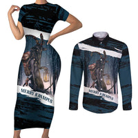 Merry Christmas Couples Matching Short Sleeve Bodycon Dress and Long Sleeve Button Shirt Krampus in The Woods - Dark Teal LT7 - Wonder Print Shop