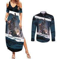 Merry Christmas Couples Matching Summer Maxi Dress and Long Sleeve Button Shirt Krampus in The Woods - Dark Teal LT7 - Wonder Print Shop