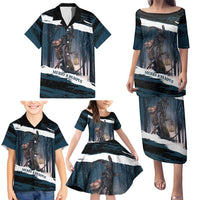 Merry Christmas Family Matching Puletasi and Hawaiian Shirt Krampus in The Woods - Dark Teal - Wonder Print Shop