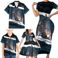 Merry Christmas Family Matching Short Sleeve Bodycon Dress and Hawaiian Shirt Krampus in The Woods - Dark Teal - Wonder Print Shop