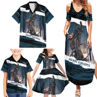 Merry Christmas Family Matching Summer Maxi Dress and Hawaiian Shirt Krampus in The Woods - Dark Teal - Wonder Print Shop