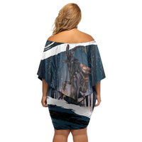 Merry Christmas Off Shoulder Short Dress Krampus in The Woods - Dark Teal - Wonder Print Shop