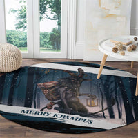 Merry Christmas Round Carpet Krampus in The Woods - Dark Teal