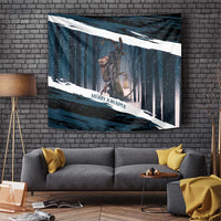 Merry Christmas Tapestry Krampus in The Woods - Dark Teal - Wonder Print Shop