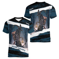 Merry Christmas Women V-Neck T-Shirt Krampus in The Woods - Dark Teal - Wonder Print Shop