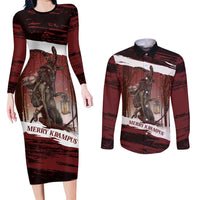 Merry Christmas Couples Matching Long Sleeve Bodycon Dress and Long Sleeve Button Shirt Krampus in The Woods - Red LT7 - Wonder Print Shop