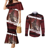 Merry Christmas Couples Matching Mermaid Dress and Long Sleeve Button Shirt Krampus in The Woods - Red