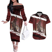 Merry Christmas Couples Matching Off The Shoulder Long Sleeve Dress and Hawaiian Shirt Krampus in The Woods - Red LT7 - Wonder Print Shop