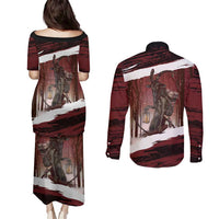 Merry Christmas Couples Matching Puletasi and Long Sleeve Button Shirt Krampus in The Woods - Red LT7 - Wonder Print Shop
