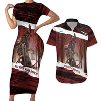 Merry Christmas Couples Matching Short Sleeve Bodycon Dress and Hawaiian Shirt Krampus in The Woods - Red LT7 - Wonder Print Shop