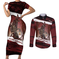 Merry Christmas Couples Matching Short Sleeve Bodycon Dress and Long Sleeve Button Shirt Krampus in The Woods - Red LT7 - Wonder Print Shop