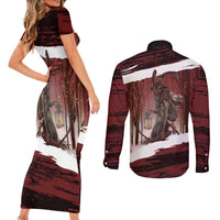 Merry Christmas Couples Matching Short Sleeve Bodycon Dress and Long Sleeve Button Shirt Krampus in The Woods - Red LT7 - Wonder Print Shop