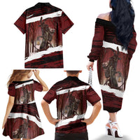 Merry Christmas Family Matching Off The Shoulder Long Sleeve Dress and Hawaiian Shirt Krampus in The Woods - Red - Wonder Print Shop