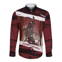 Merry Christmas Long Sleeve Button Shirt Krampus in The Woods - Red - Wonder Print Shop