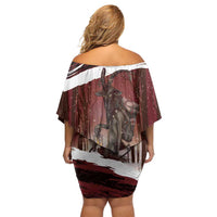 Merry Christmas Off Shoulder Short Dress Krampus in The Woods - Red - Wonder Print Shop
