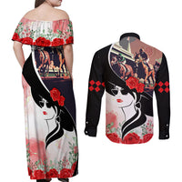 Kentucky Horse Racing Couples Matching Off Shoulder Maxi Dress and Long Sleeve Button Shirt Derby Hat LT7 - Wonder Print Shop