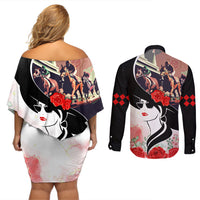 Kentucky Horse Racing Couples Matching Off Shoulder Short Dress and Long Sleeve Button Shirt Derby Hat LT7 - Wonder Print Shop