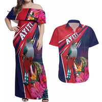 Haiti Personalized Couples Matching Off Shoulder Maxi Dress and Hawaiian Shirt Hispaniolan Trogon Tropical Vibes