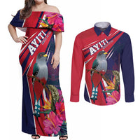 Haiti Personalized Couples Matching Off Shoulder Maxi Dress and Long Sleeve Button Shirt Hispaniolan Trogon Tropical Vibes