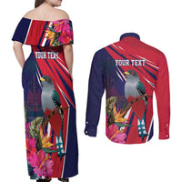 Haiti Personalized Couples Matching Off Shoulder Maxi Dress and Long Sleeve Button Shirt Hispaniolan Trogon Tropical Vibes