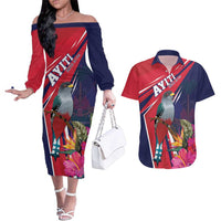 Haiti Personalized Couples Matching Off The Shoulder Long Sleeve Dress and Hawaiian Shirt Hispaniolan Trogon Tropical Vibes