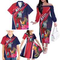 Haiti Personalized Family Matching Off The Shoulder Long Sleeve Dress and Hawaiian Shirt Hispaniolan Trogon Tropical Vibes