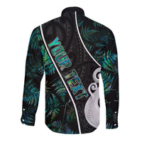 Peronsalised New Zealand Long Sleeve Button Shirt Paua Shell Maori Manaia with Silver Ferns - Wonder Print Shop