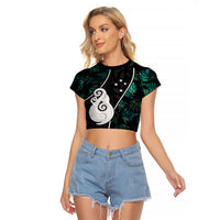Peronsalised New Zealand Raglan Cropped T Shirt Paua Shell Maori Manaia with Silver Ferns - Wonder Print Shop