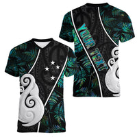 Personalised New Zealand Women V Neck T Shirt Paua Shell Maori Manaia with Silver Ferns - Wonder Print Shop