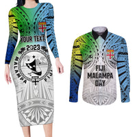 Personalised Malampa Fiji Day Couples Matching Long Sleeve Bodycon Dress and Long Sleeve Button Shirts Gradient Style LT7 - Wonder Print Shop