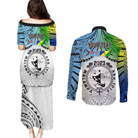 Personalised Malampa Fiji Day Couples Matching Puletasi Dress and Long Sleeve Button Shirts Gradient Style LT7 - Wonder Print Shop