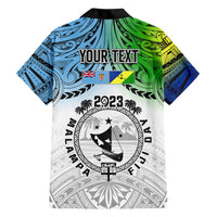 Personalised Hawaiian shirt back with YOUR TEXT, flags, 2023 circular graphic on white