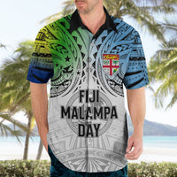 Personalised Hawaiian shirt front with FIJI MALAMPA DAY text and blue-green gradient sleeves