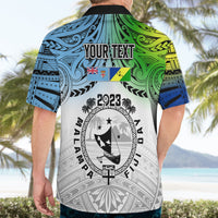 Personalised Hawaiian shirt back with YOUR TEXT, 2023 emblem, blue-green-yellow gradient shoulders
