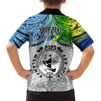 Kids personalised Hawaiian shirt back with YOUR TEXT and 2023 emblem on white