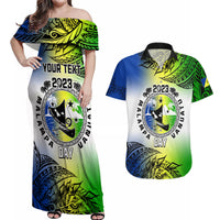 Personalised Malampa Day Couples Matching Off Shoulder Maxi Dress and Hawaiian Shirt Malampa Emblem Gradient Style LT7 - Wonder Print Shop