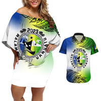 Personalised Malampa Day Couples Matching Off Shoulder Short Dress and Hawaiian Shirt Malampa Emblem Gradient Style LT7 - Wonder Print Shop