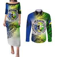 Personalised Malampa Day Couples Matching Puletasi Dress and Long Sleeve Button Shirts Malampa Emblem Gradient Style LT7 - Wonder Print Shop
